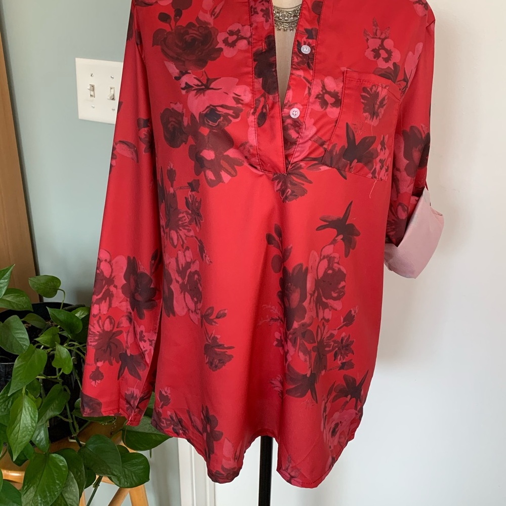 Red Floral Print Mandarin Collar Button Down Top - Picture 2 of 5